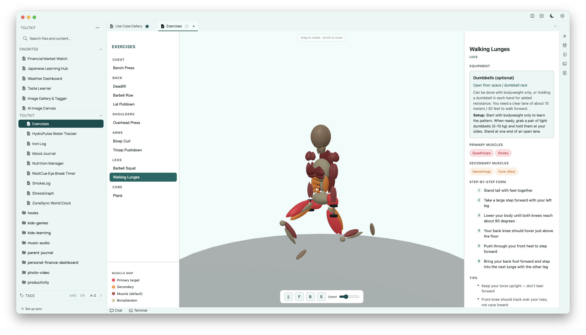 Interactive 3D gym trainer with anatomical muscle highlighting