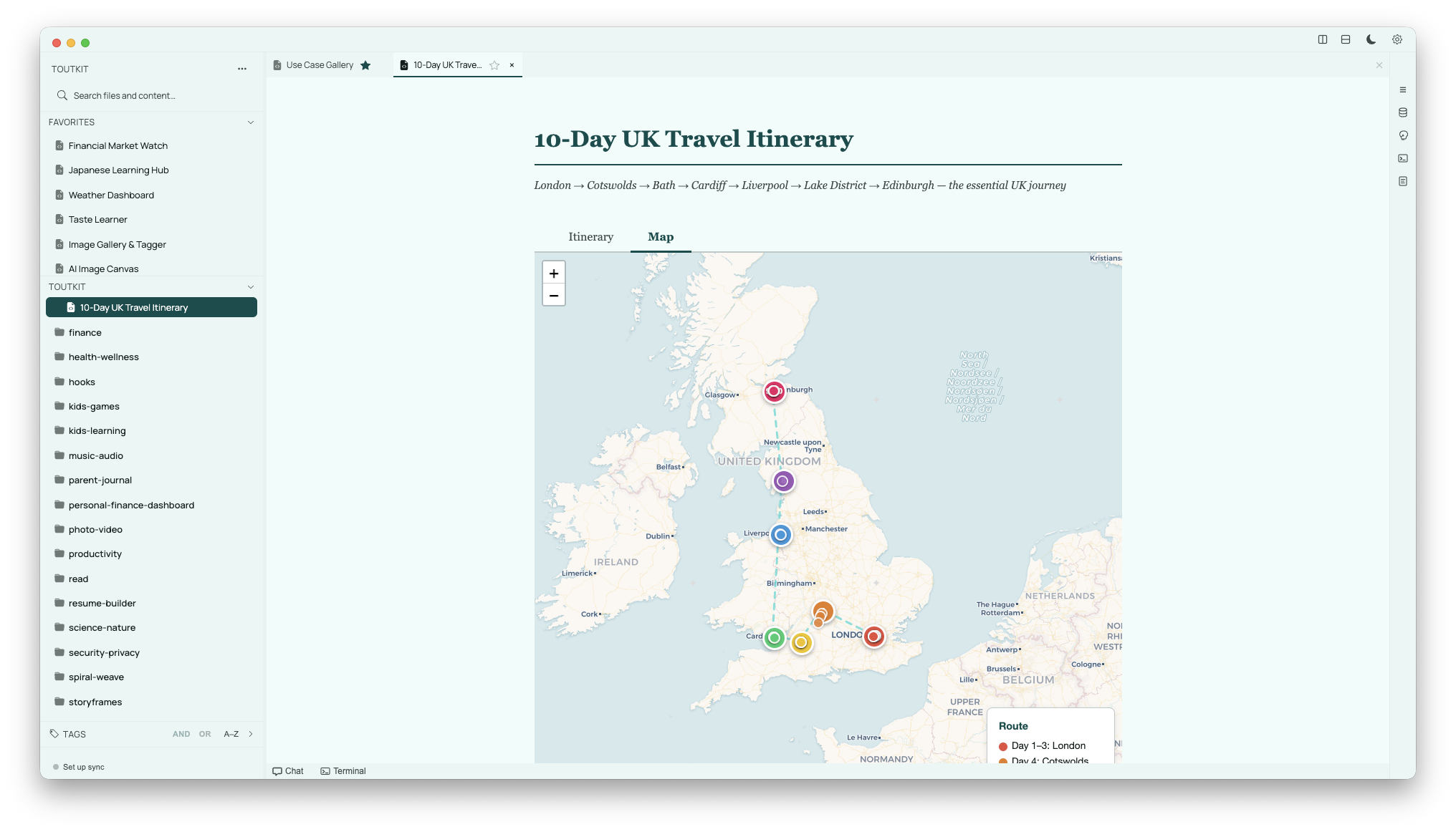 Day-by-day UK trip itinerary with map